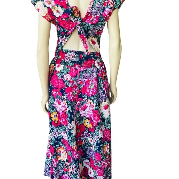 Vintage Positive Attitude Floral English Country Garden Open Tie Back Dress - Picture 5 of 13